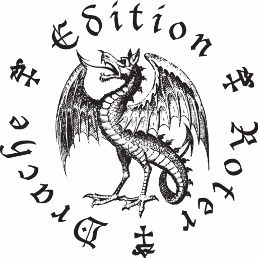 Logo, mittelalterlicher Drache mit Flügeln und Zunge. Schrift rund herum geschrieben "Edition Roter Drache" mit Platzhaltern dazwischen