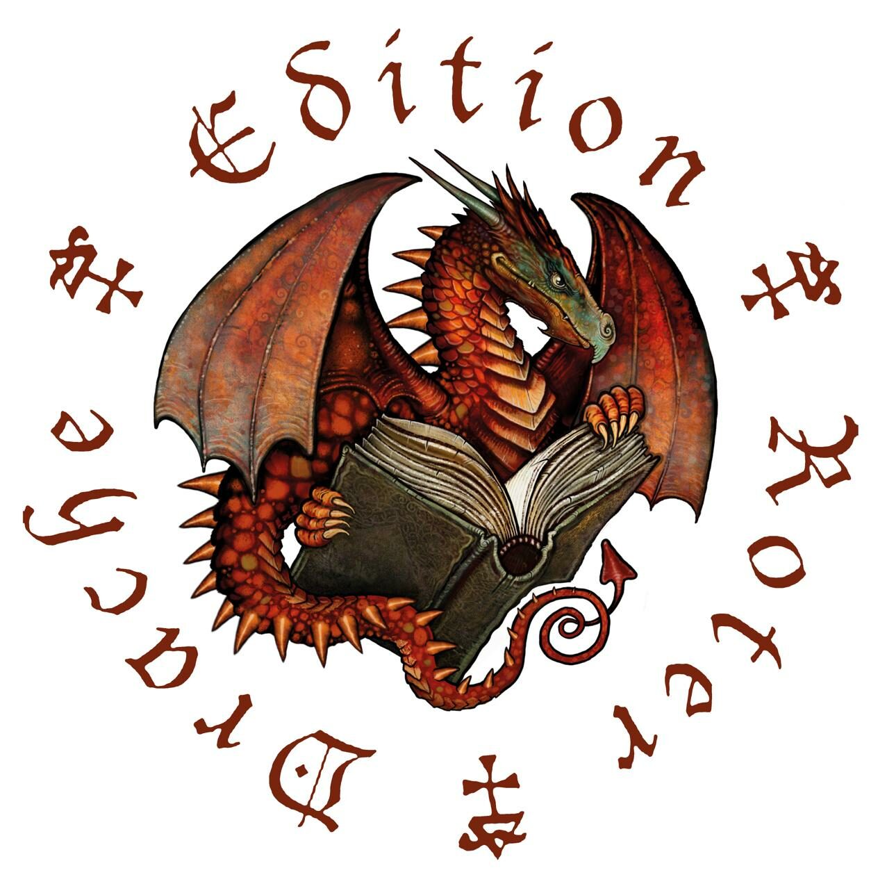Roter Drache mit Buch in den Krallen und Edition Roter Drache drum herum geschrieben